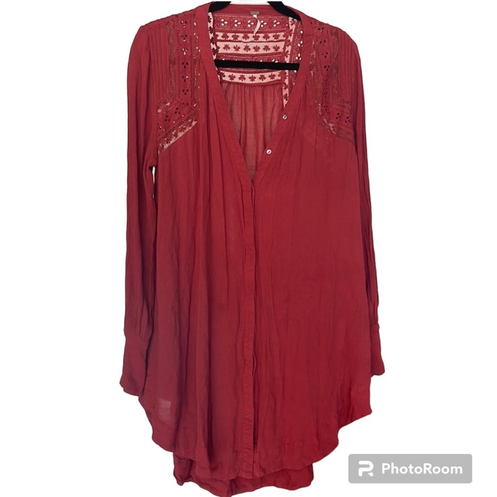 Free People Long Sleeve Red Tunic Shirt‎ Dress - size Small